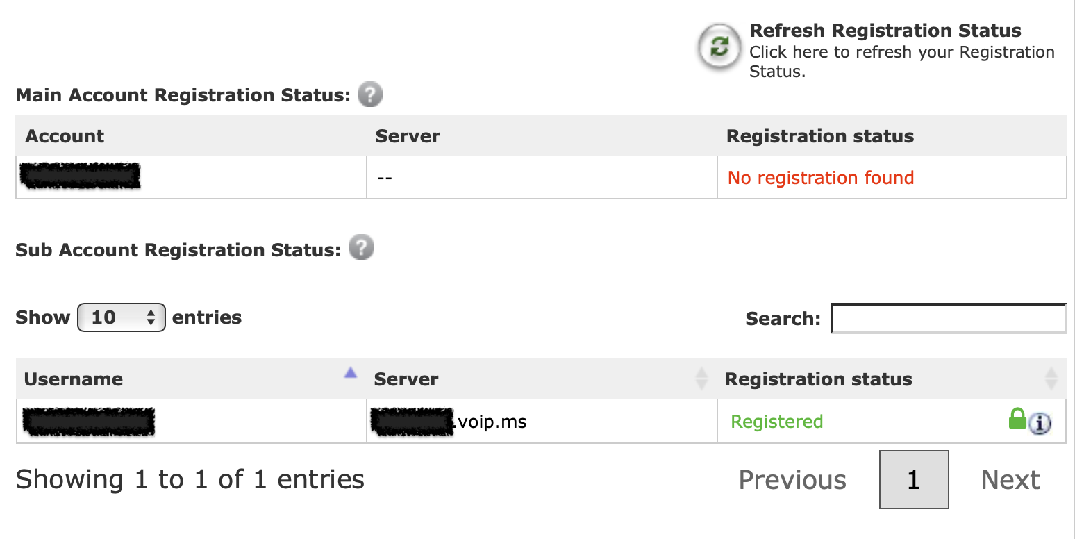 A screenshot of a successful voip.ms registration.