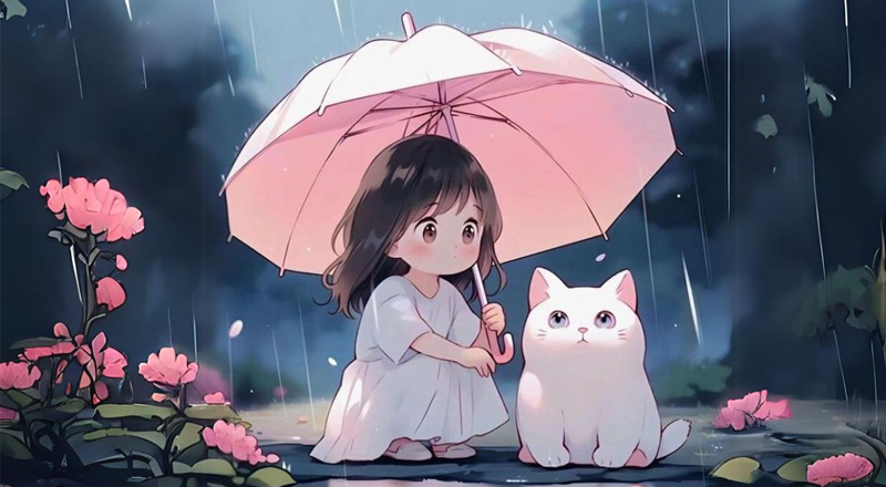 Ảnh chibi cute trong mưa dành cho máy tính