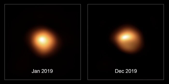 This comparison image shows the star Betelgeuse before and after its unprecedented dimming. The observations, taken with the SPHERE instrument on the ESO