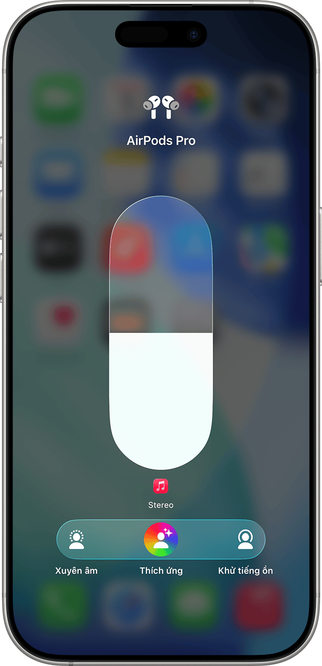 Các chế độ nghe Xuyên âm, Thích ứng và Khử tiếng ồn trong Trung tâm điều khiển trên iPhone.