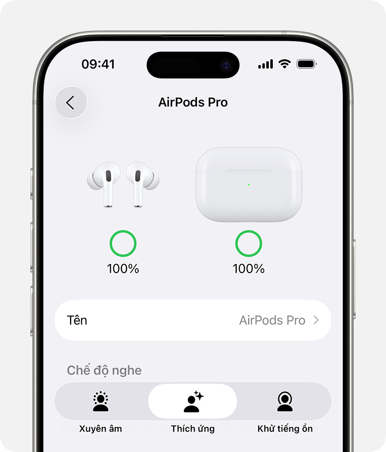 Các tùy chọn Chế độ nghe trong cài đặt AirPods Pro trên iPhone. Các chế độ Xuyên âm, Thích ứng và Khử tiếng ồn được liệt kê sau trường Tên.