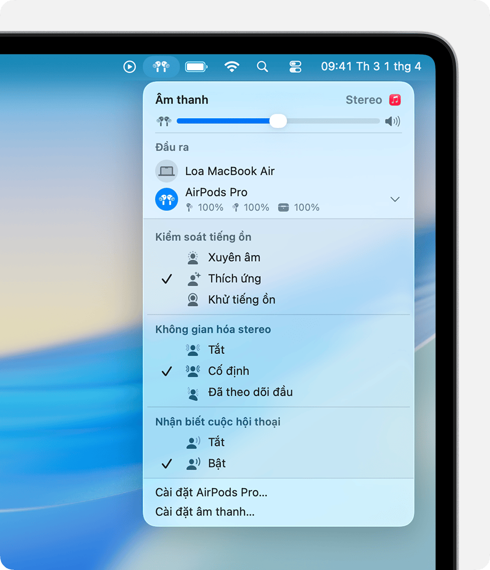 Menu âm thanh trong thanh menu trên máy Mac. Các chế độ Kiểm soát tiếng ồn có sẵn được liệt kê khi bạn chọn AirPods Pro hoặc AirPods Max làm thiết bị đầu ra âm thanh.