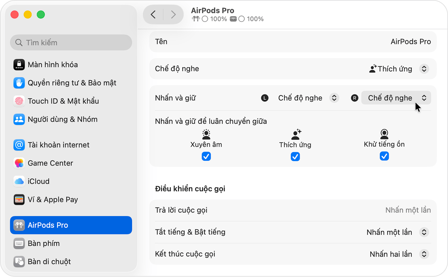 Cài đặt AirPods Pro trong Cài đặt hệ thống trên máy Mac.