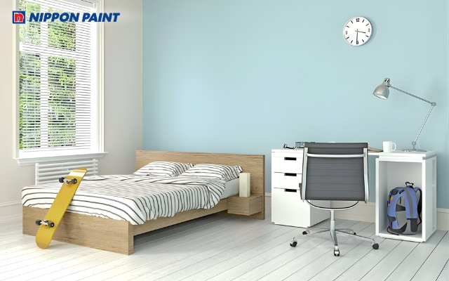 Phòng ngủ sơn màu xanh biển nhạt giúp gia chủ ngủ ngon và sâu giấc hơn