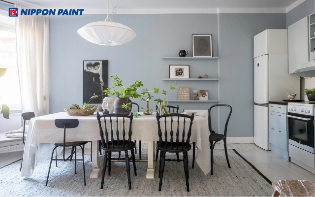 Ghi sáng phối xanh biển nhạt tạo cảm giác hiện đại, sạch sẽ và dễ phối nội thất