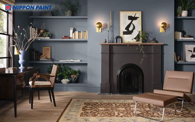 Xám nhạt kết hợp xanh đậm ở mảng tường nhấn giúp kích thích sáng tạo