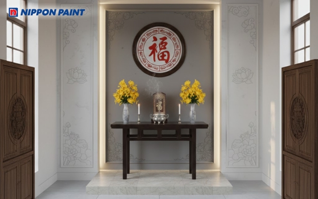 Xám đá nhạt tạo cảm giác trầm lắng, tôn lên sự uy nghiêm và chiều sâu tâm linh