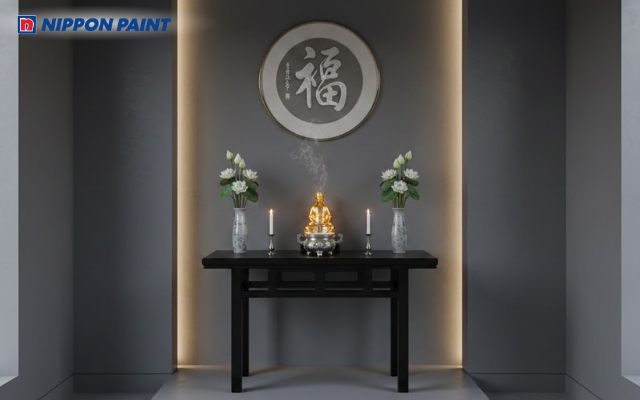 Xám trung tính phối cùng ánh sáng vàng ấm giúp phòng thờ ấm cúng, an yên