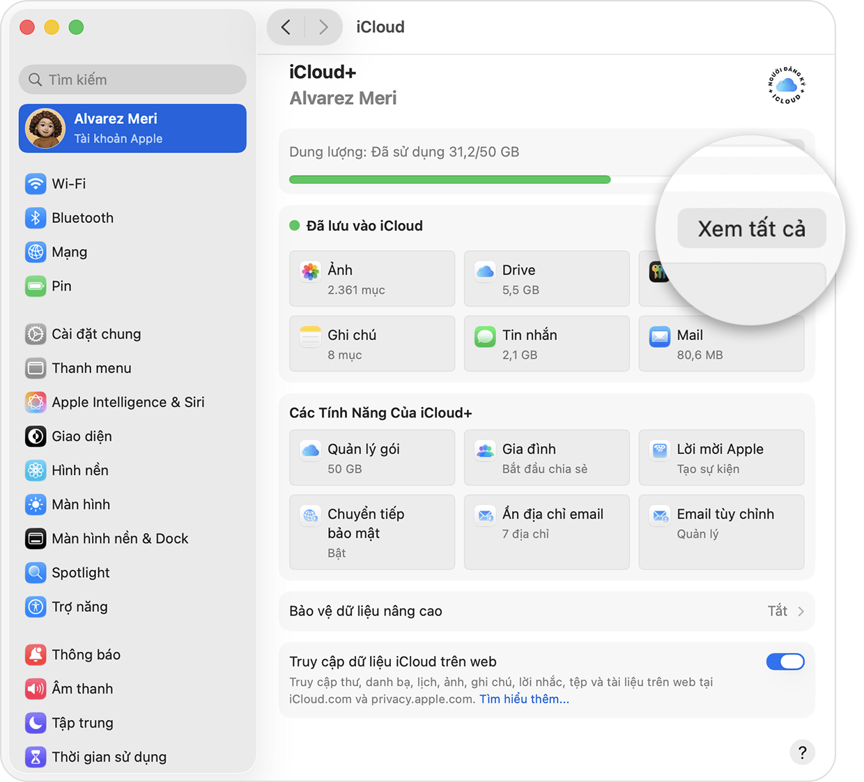Màn hình máy Mac hiển thị cài đặt iCloud. Mục Xem tất cả cạnh mục Đã lưu vào iCloud.