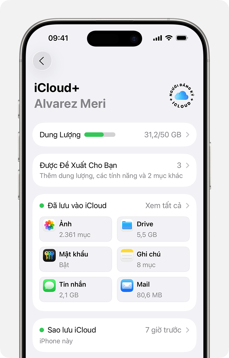 Màn hình iPhone hiển thị cài đặt iCloud. Mục Xem tất cả cạnh mục Đã lưu vào iCloud.