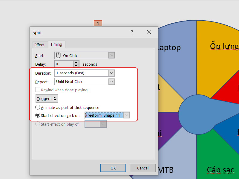 Các cài đặt của vòng quay