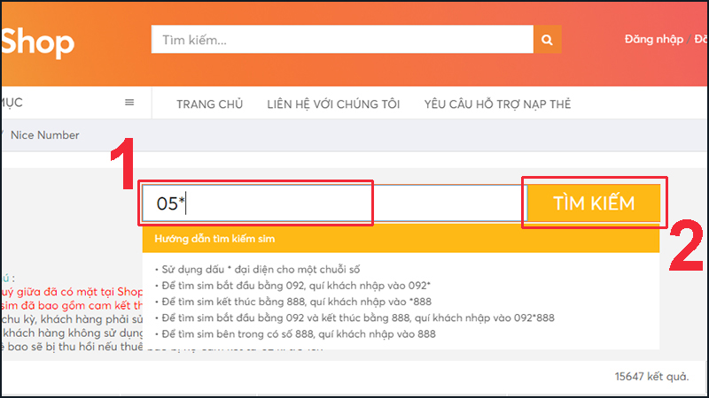 Nhập đầu số SIM mà bạn muốn tìm kiếm
