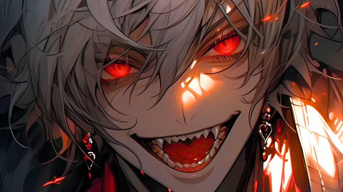 Ác quỷ anime nam với ánh mắt rực lửa đầy quyền năng