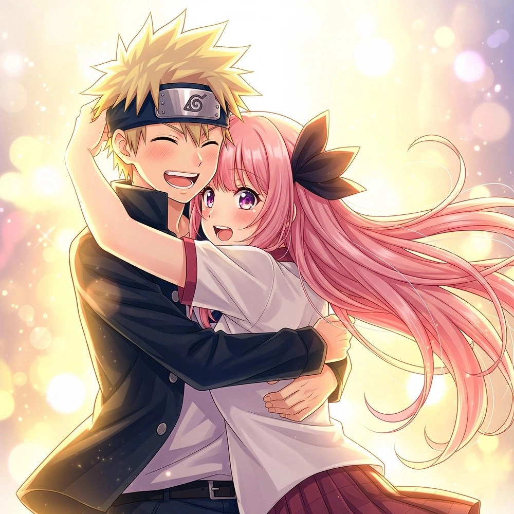 Cặp đôi anime ôm nhau dưới ánh hoàng hôn lãng mạn