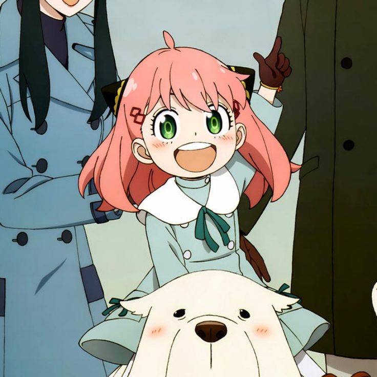 Anya cưỡi chó trắng với ánh mắt vui