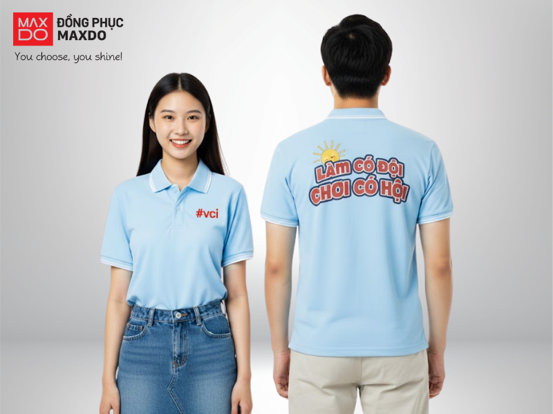 Mẫu áo polo đồng phục đi biển tông màu xanh da trời