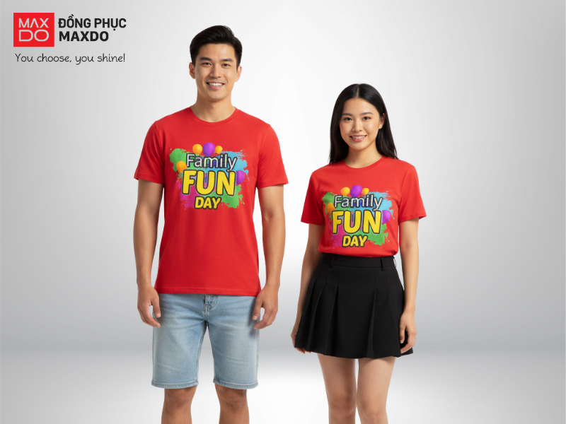 Mẫu đồng phục đi biển áo thun cổ tròn màu đỏ