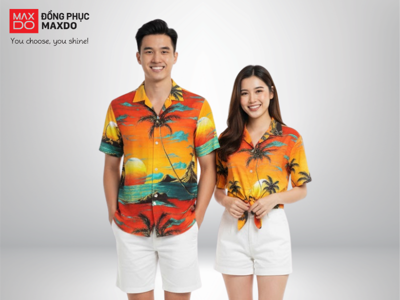 Mẫu áo sơ mi Hawaii đồng phục đi biển sắc cam hoàng hôn