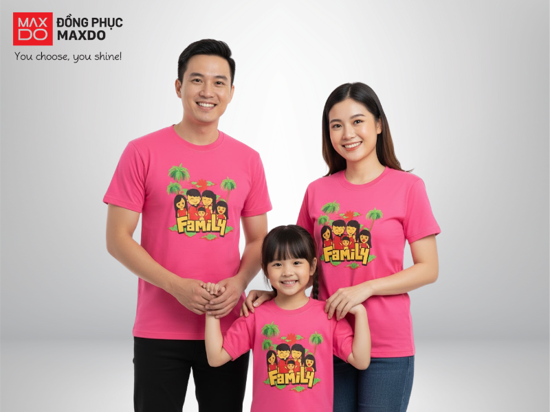 Mẫu áo đồng phục đi biển cho gia đình màu hồng neon