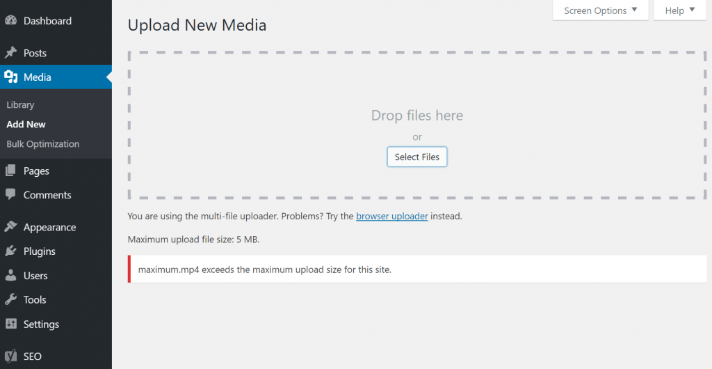 giới hạn dung lượng tải lên wordpress