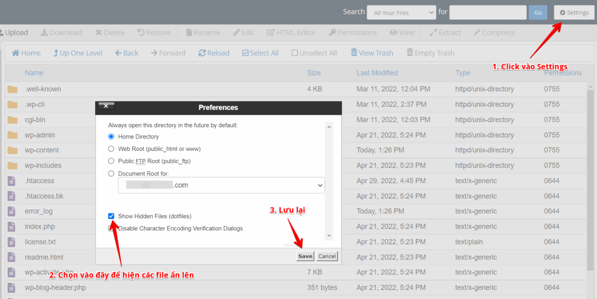 tùy chọn để show file .htaccess