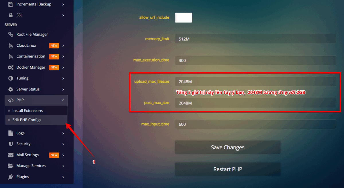 tăng giới hạn tải lên trên cyberpanel
