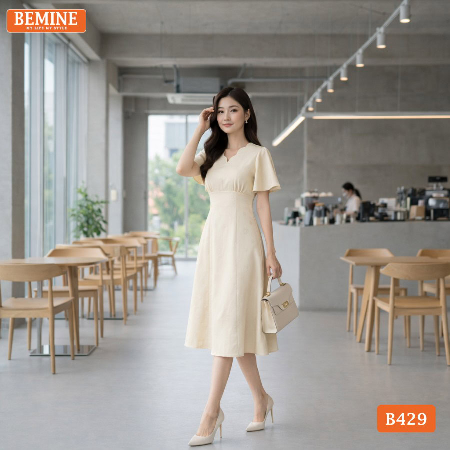 Đầm thiết kế BEMINE B429 cổ tim thanh lịch.