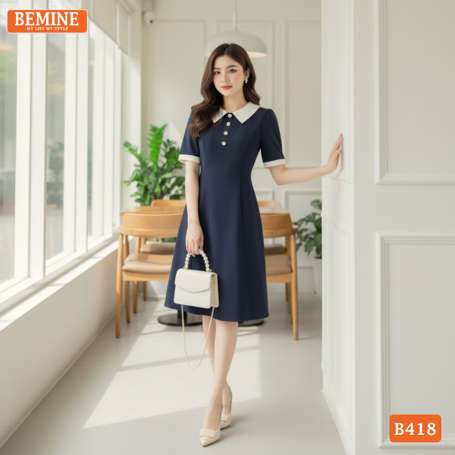 Đầm thiết kế BEMINE B418 dáng chữ A cổ sơ mi thanh lịch.