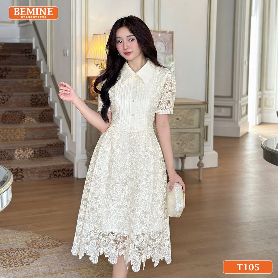 Chi tiết xếp ly ngực tinh tế trên mẫu đầm BEMINE T105.