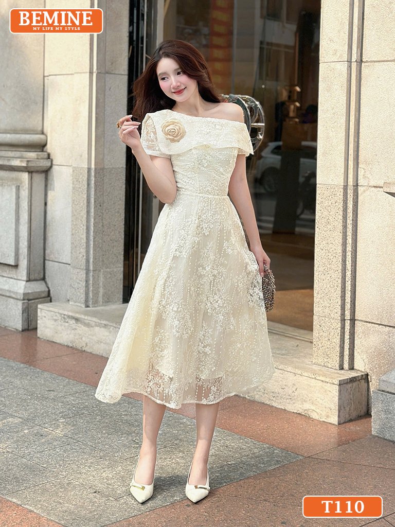 Đầm thiết kế BEMINE T110 cao cấp lệch vai quyến rũ.