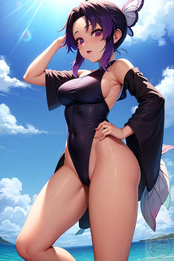 Hình ảnh Shinobu đứng giữa đêm tối, ánh sáng phản chiếu làm nổi bật vẻ đẹp