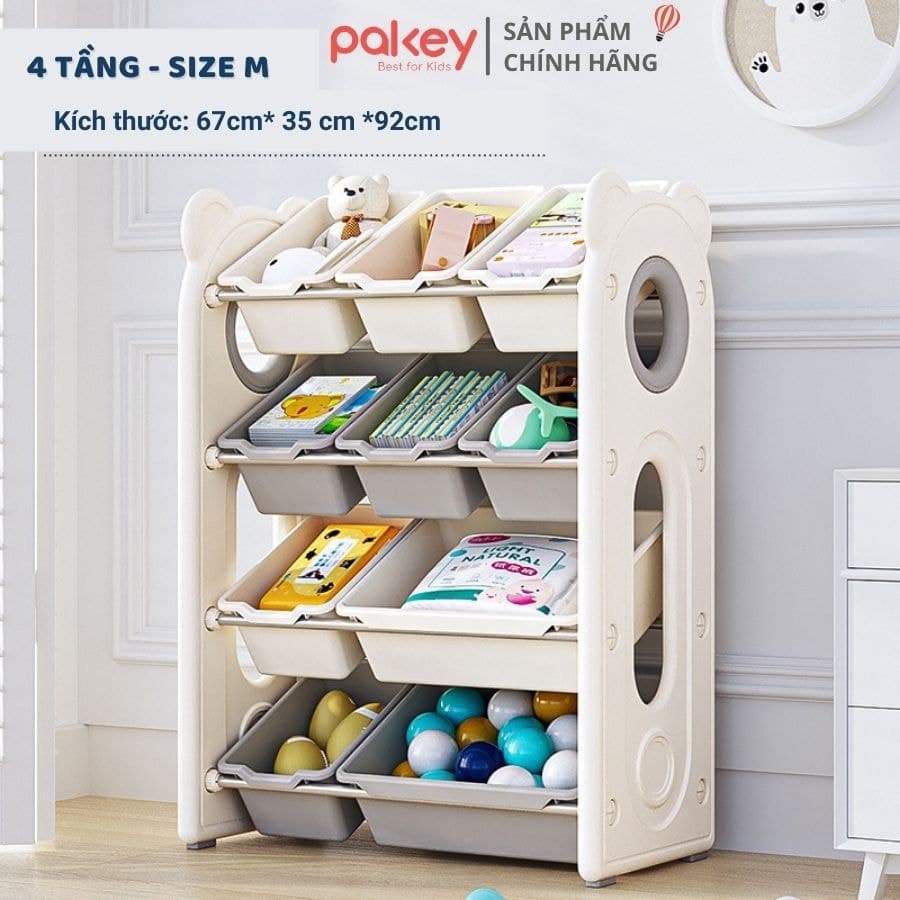 Kệ đồ chơi size M có kích thước nhỏ hơn, phù hợp cho phòng chơi bé có diện tích hạn chế hoặc nhu cầu để ít đồ chơi