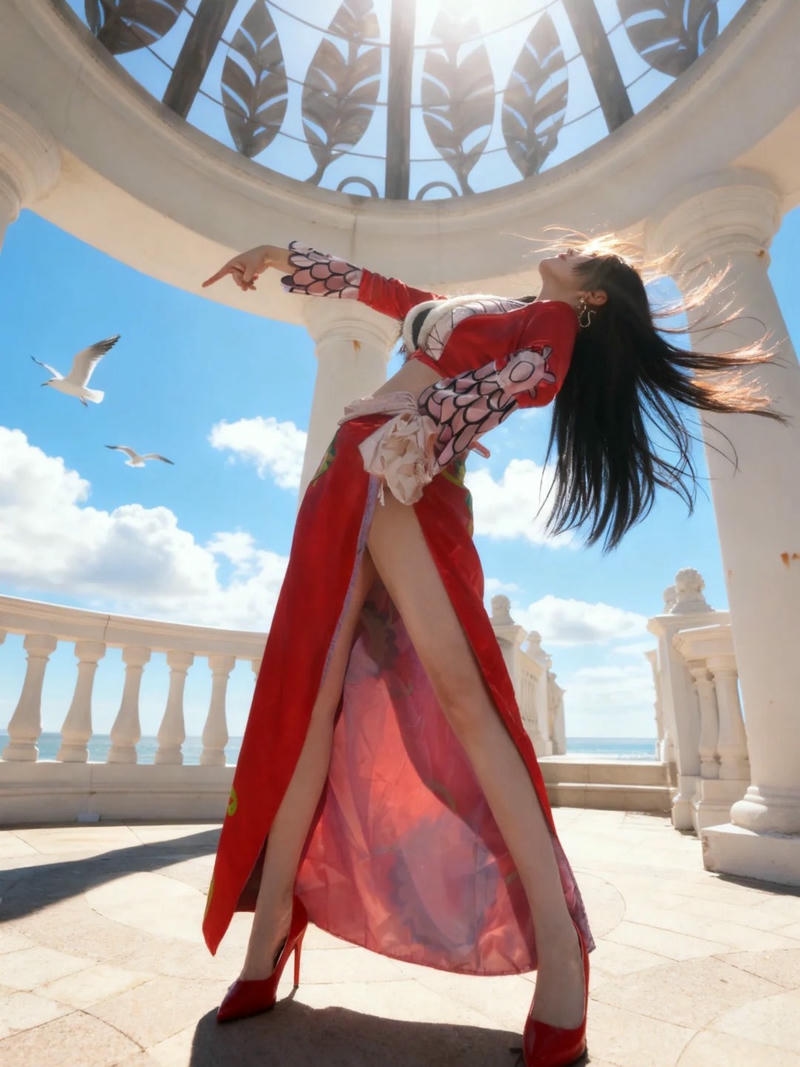 boa hancock cosplay ngả người ra sau thực hiện tư thế đặc trưng