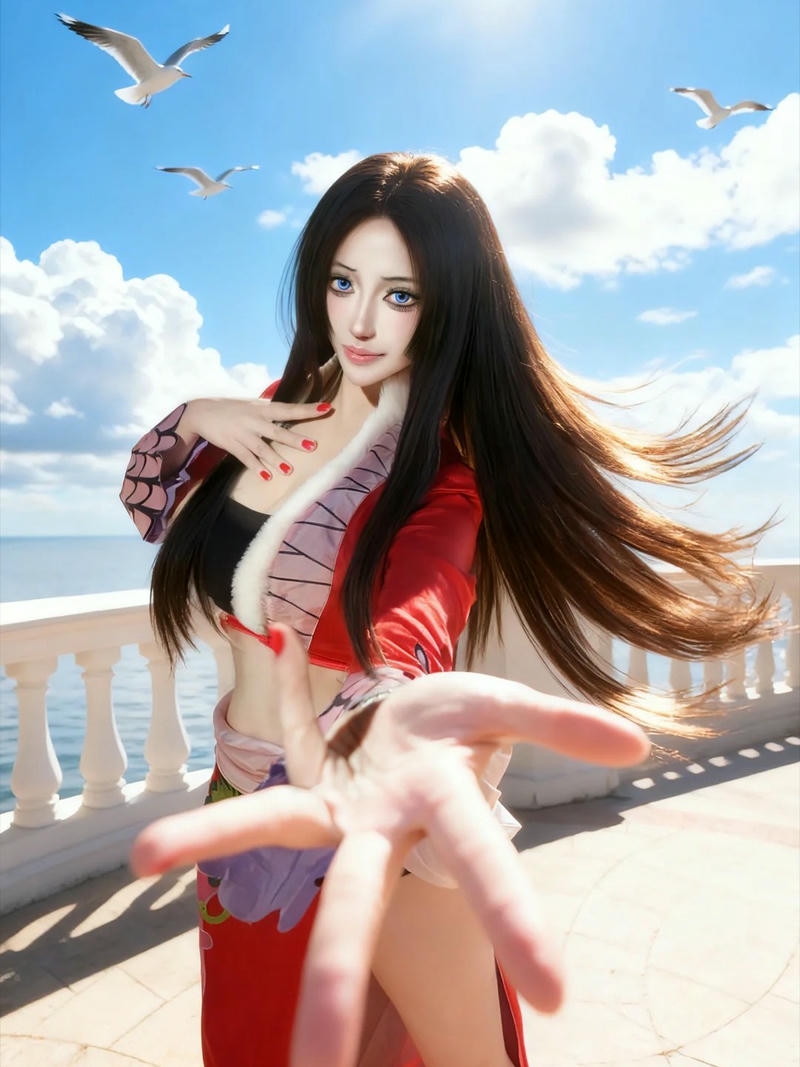 boa hancock cosplay đứng dưới bầu trời xanh tóc bay trong gió