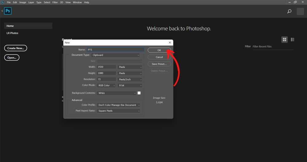 Cách tạo trang làm việc mới trên Photoshop - Bước 2