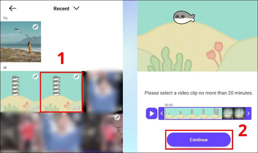 Chọn video bạn muốn edit, sau đó nhấn Continue
