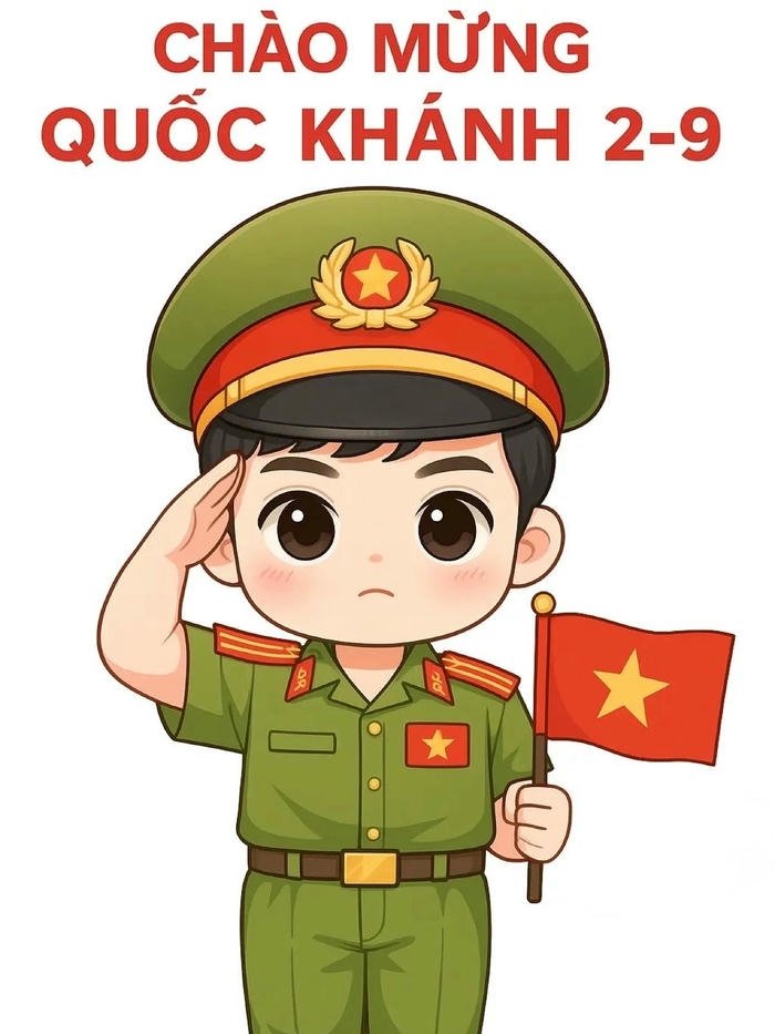 Chibi công an dễ thương cầm cờ đỏ sao vàng nhỏ