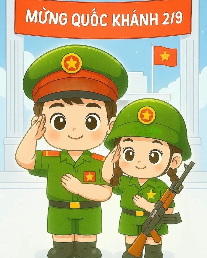 Chibi công an dễ thương chào cờ mừng ngày quốc khánh