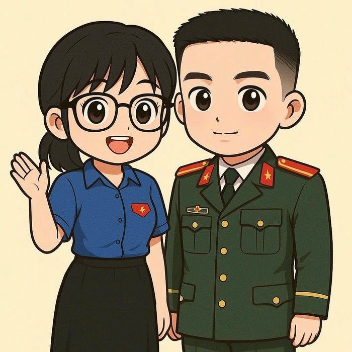 Chibi công an dễ thương nam nữ đứng cạnh nhau cười