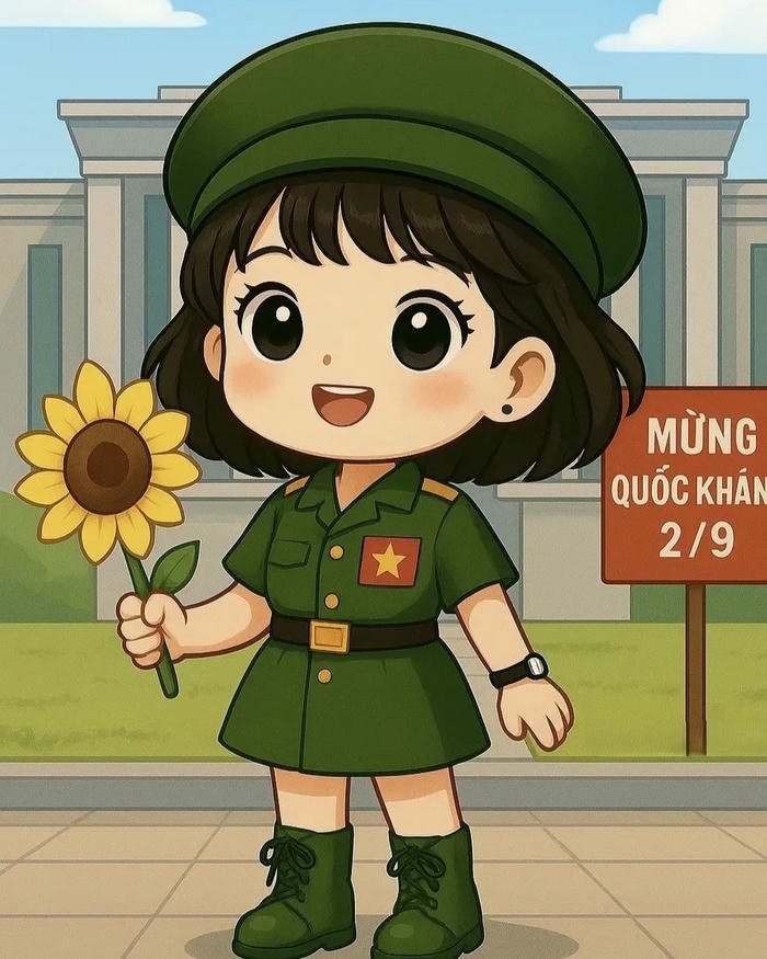 Chibi công an dễ thương cầm bông hoa hướng dương vàng