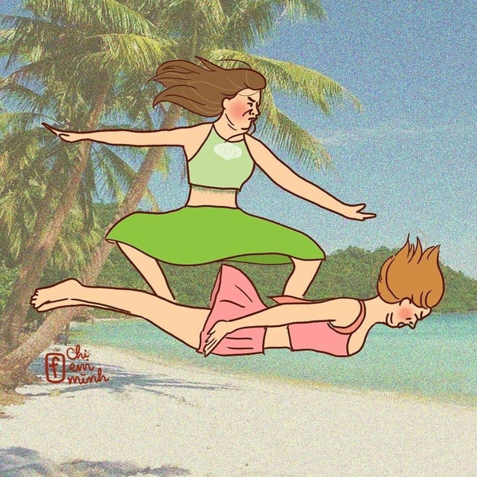 Lướt sóng không cần ván chỉ cần có chị em phụ hoạ - Nguồn ảnh: FB Chị Em Mình