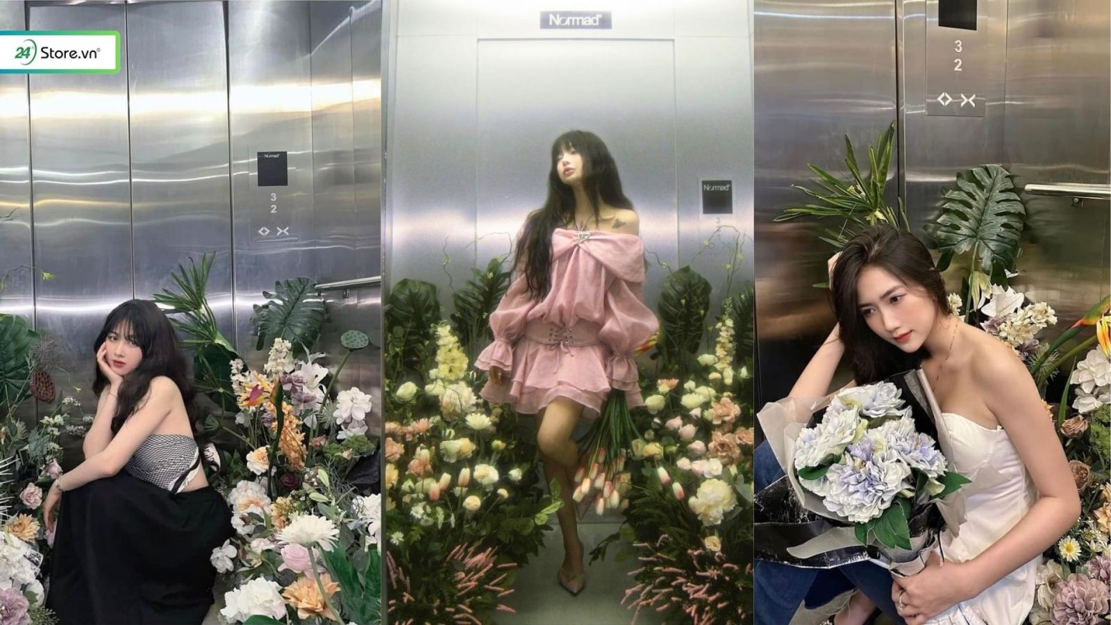 chụp ảnh trong vườn hoa thang máy