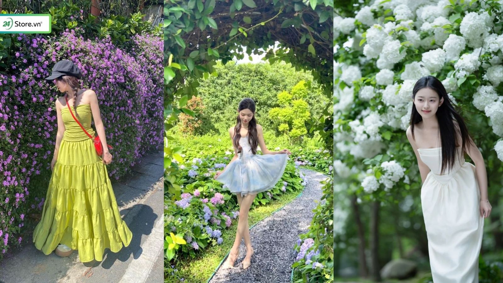 chụp ảnh cầm váy trong vườn hoa