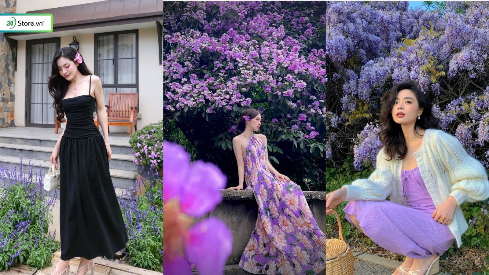 chụp ảnh với hoa bằng lăng tím