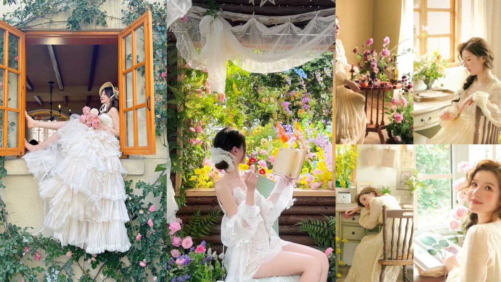 chụp hình với hoa bên cửa sổ