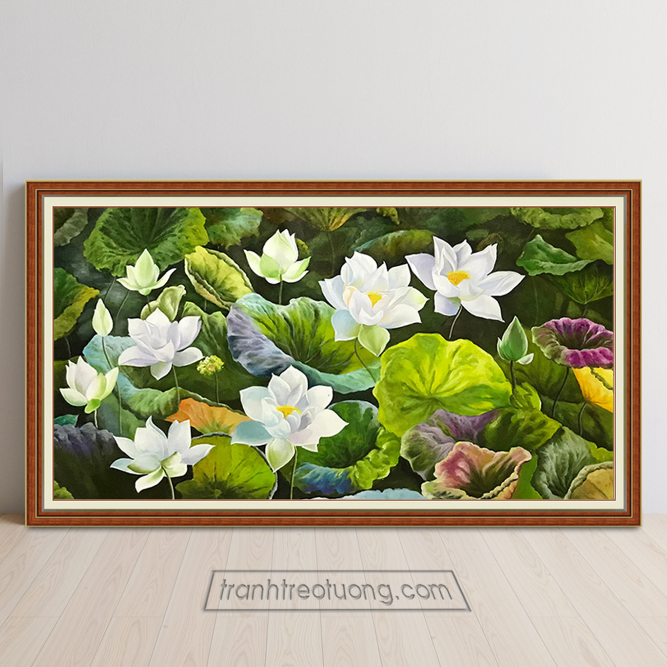 Mẫu tranh treo tường vẽ đầm hoa sen trắng đẹp bằng chất liệu sơn dầu