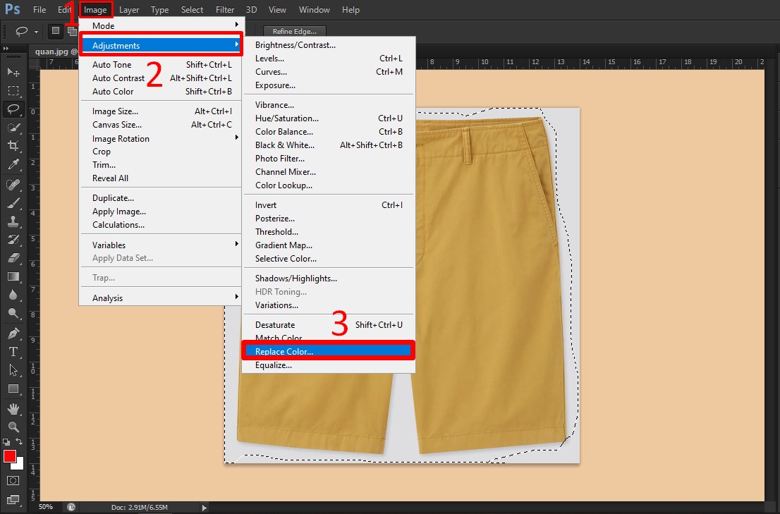 Dùng tính năng Replace Color để để đổi màu trong Photoshop bước 2