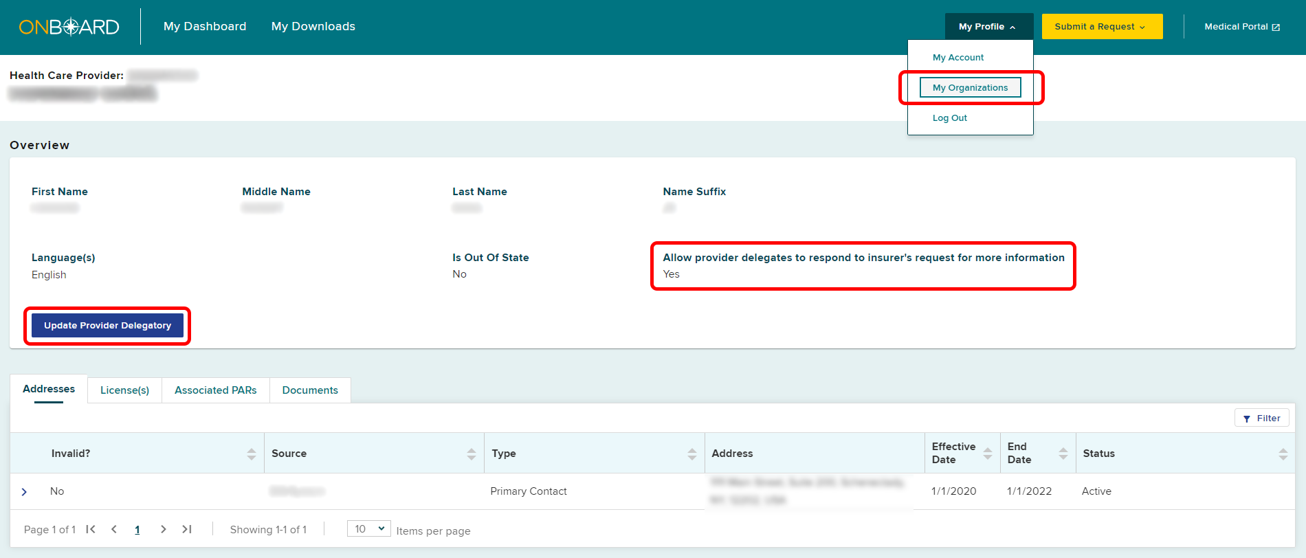 My Organizations, allow provider delegate to respond to request for more information.