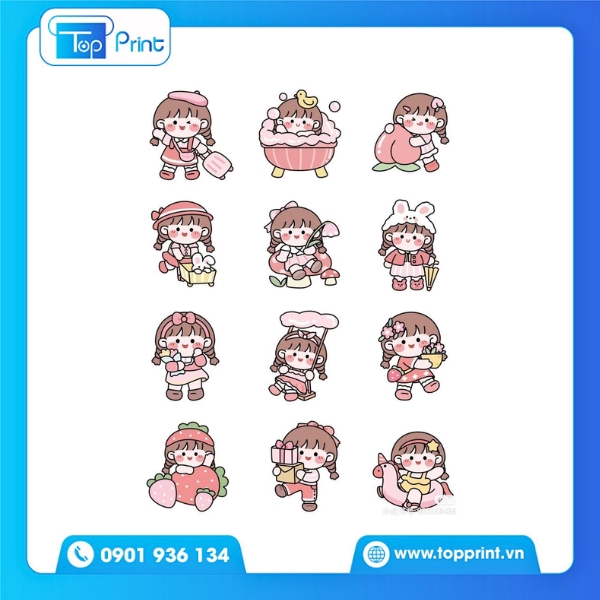 Bộ sticker cô gái cute nhiều biểu cảm - In decal bám dính tốt