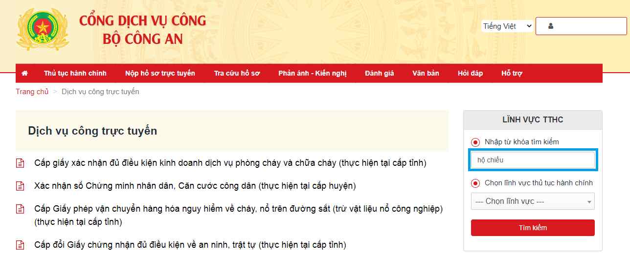 Chọn dịch vụ công muốn thực hiện